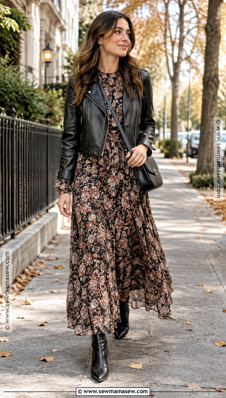 Maxi Dress With Black Ankle Boots And Leather Jacket - 20 fall outfits with black boots