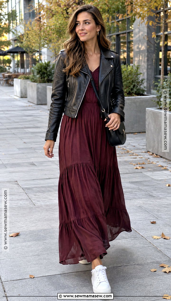 Maxi Dress With Leather Jacket And Sneakers - 20 summer transition to fall outfits