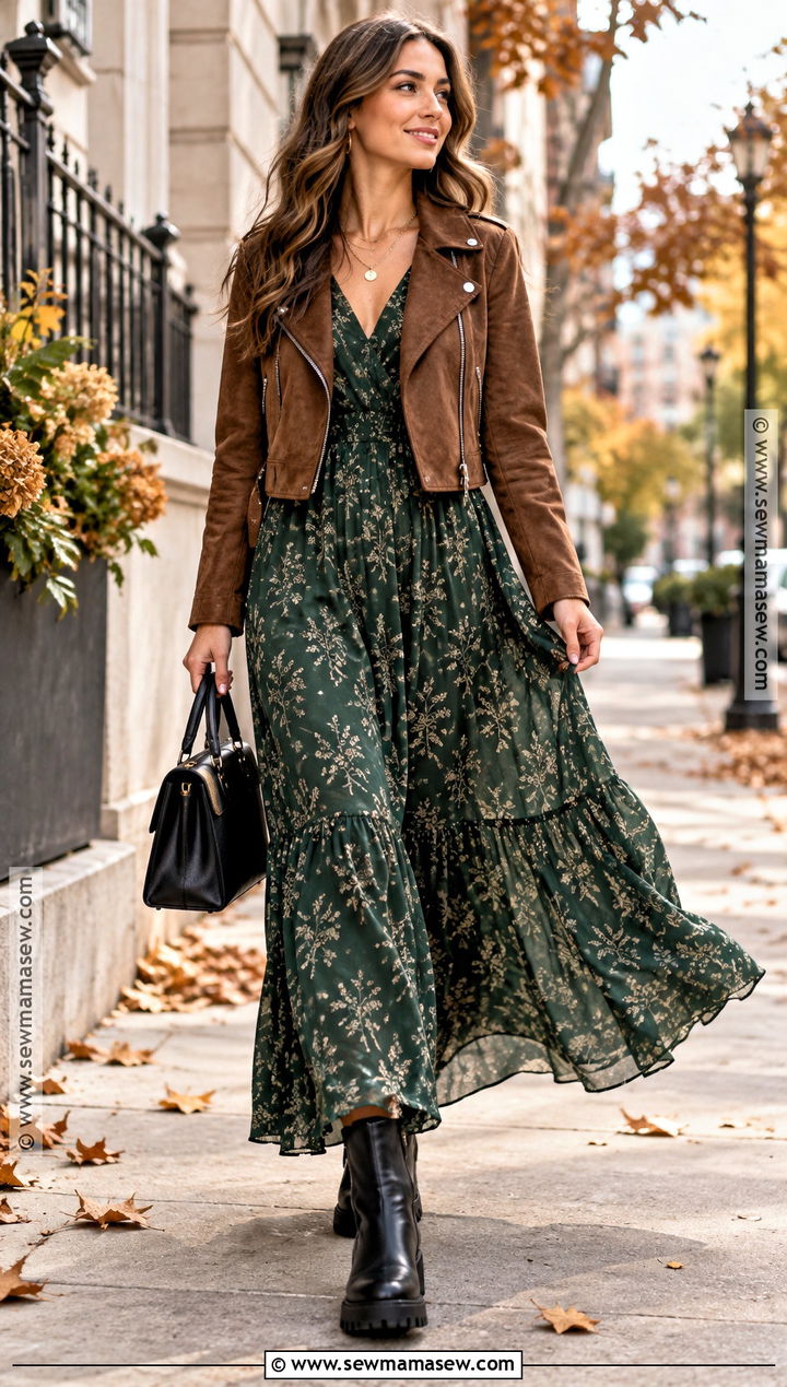 Maxi Dress With Moto Jacket And Boots - 20 autumn dress outfit casual ideas