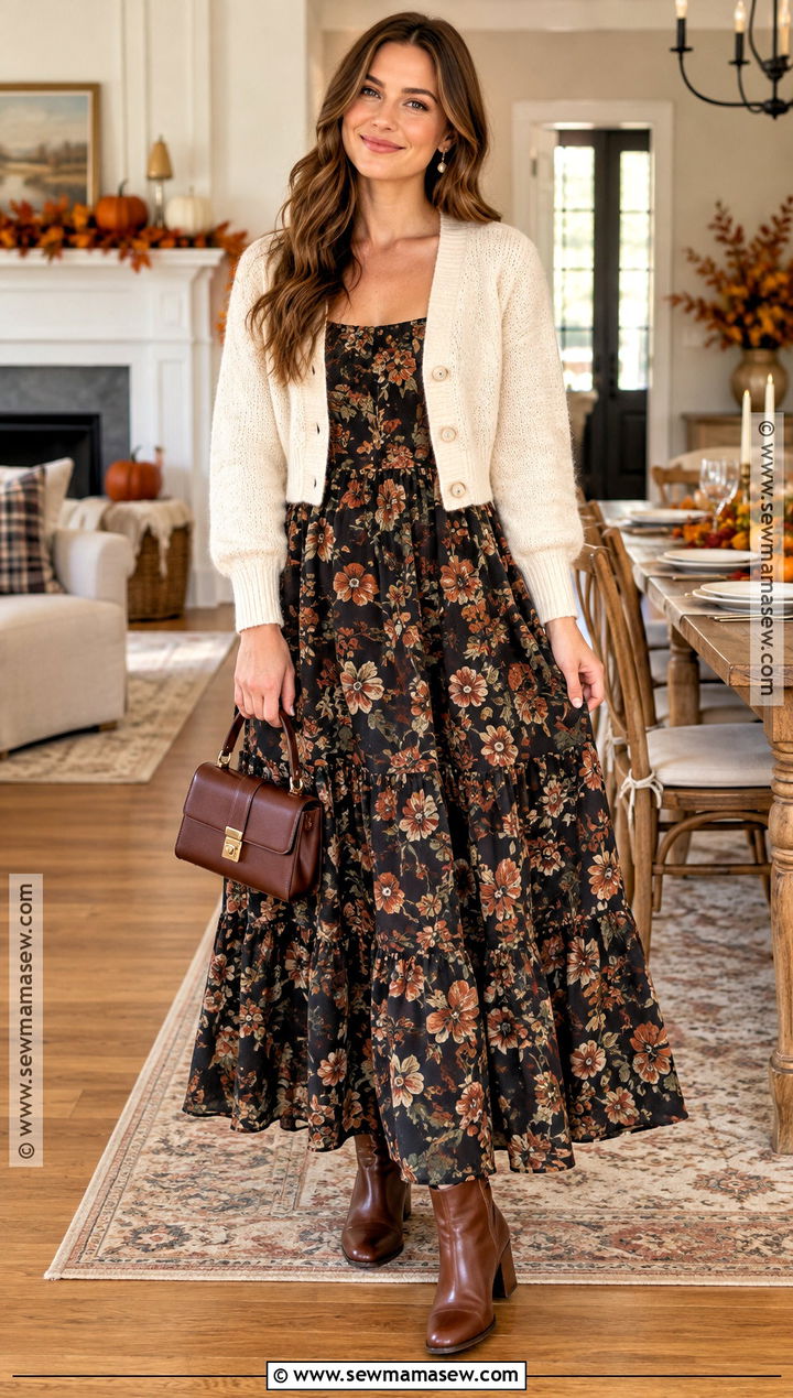 Maxi Dress and Cropped Cardigan Thanksgiving Outfit - 25 thanksgiving day outfits for women