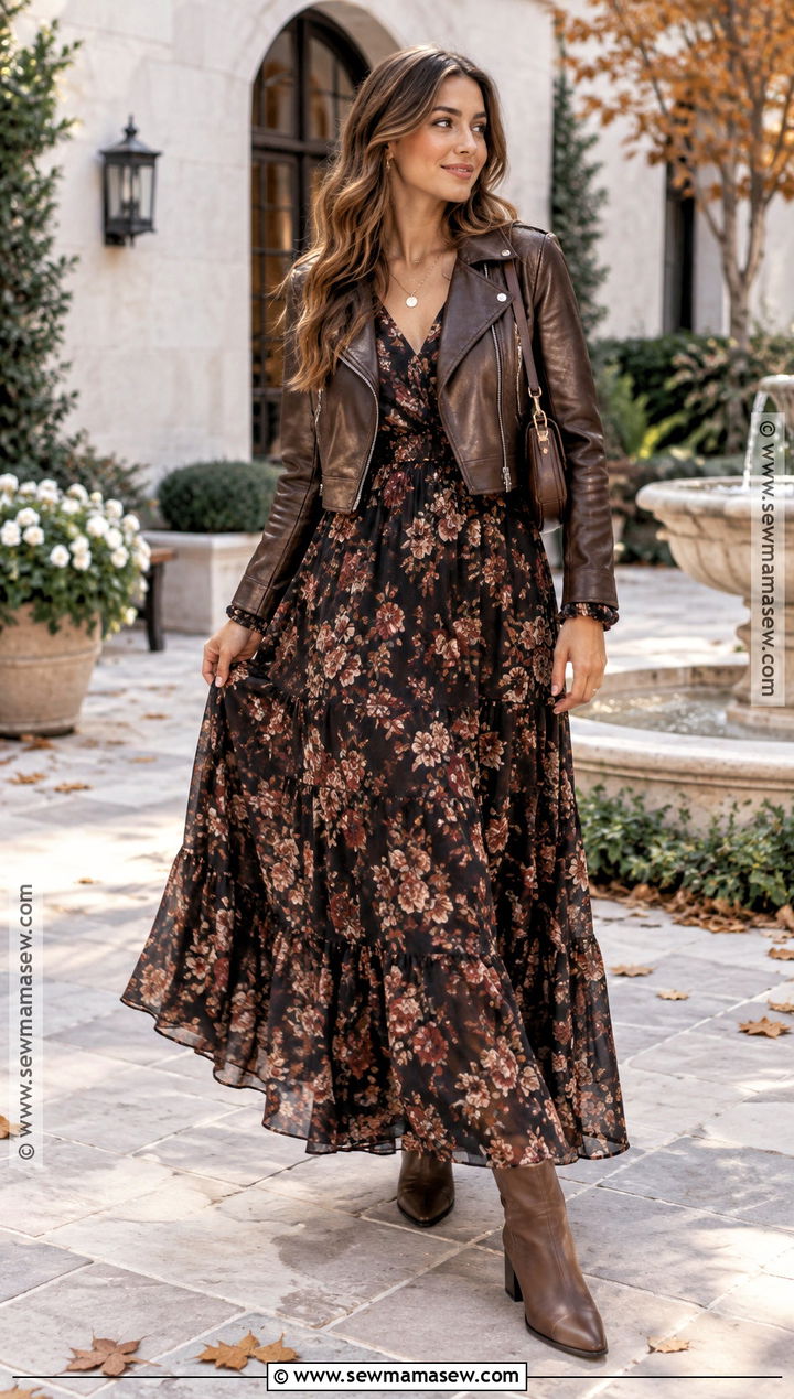 Maxi Dress and Moto Jacket Fall Outfit - 25 ootd fall ideas