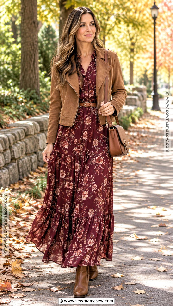 Maxi Dress and Suede Jacket Fall Outfit - 15 fall outfits for moms over 30
