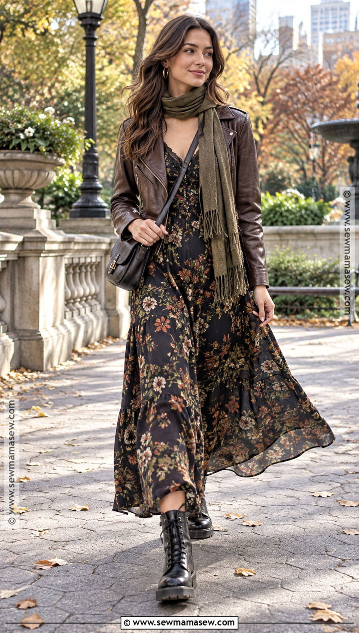 Maxi Fall Sundress Outfit With Leather Jacket - 20 fall sundress outfit ideas