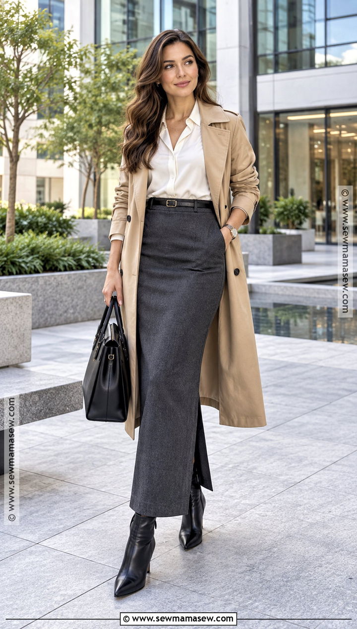 Maxi Pencil Skirt With Blouse And Trench Coat - 25 maxi skirt fall outfit ideas