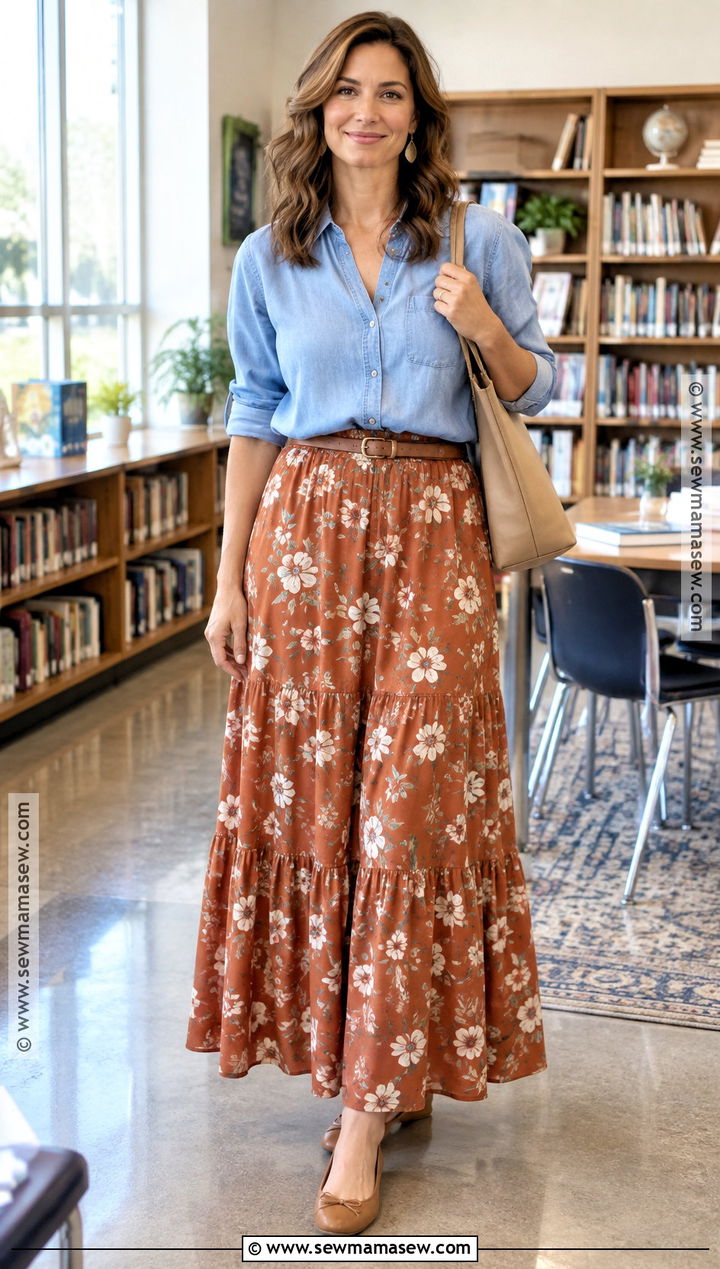 Maxi Skirt And Chambray Shirt Teacher Outfit - 15 Back To School Teacher Outfits 2026