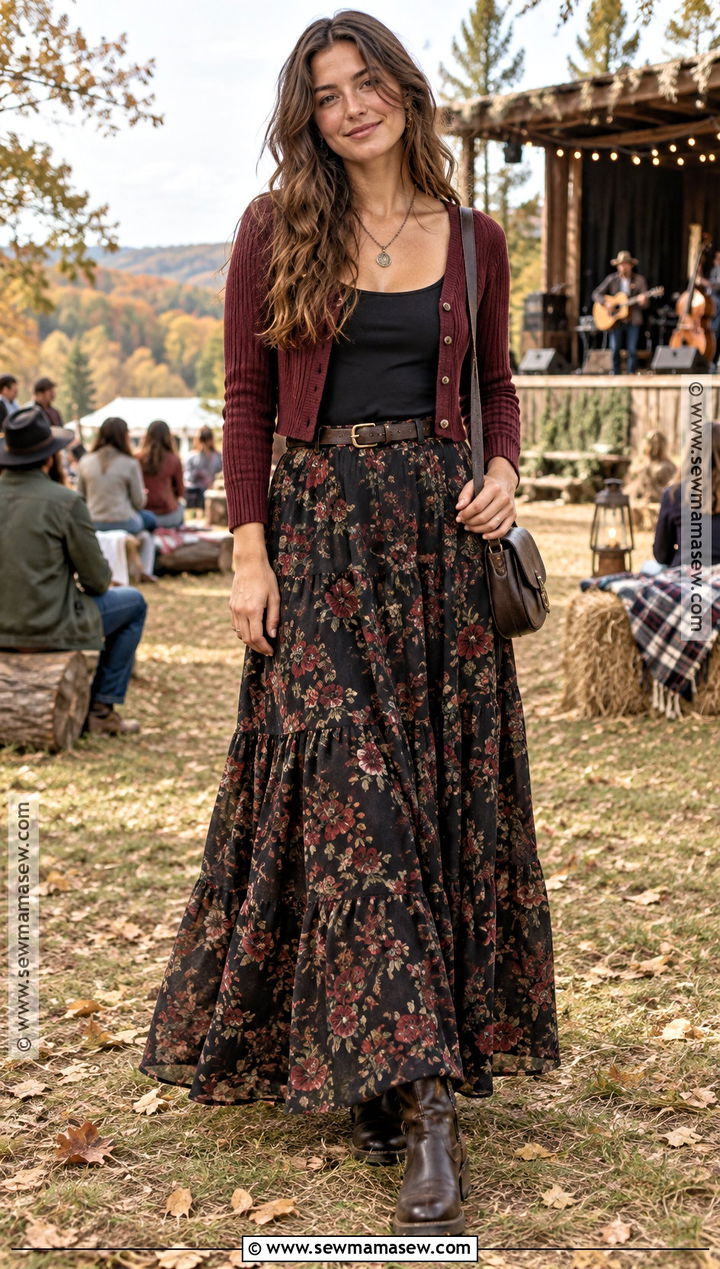 Maxi Skirt And Cropped Cardigan Concert Outfit - 15 concert outfit ideas autumn