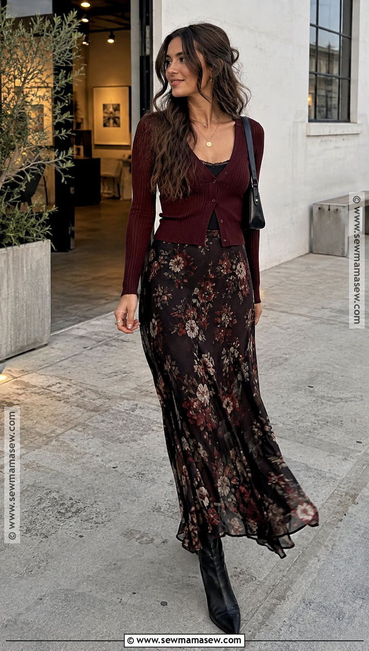 Maxi Skirt And Cropped Cardigan Outfit - 25 fall evening outfit ideas