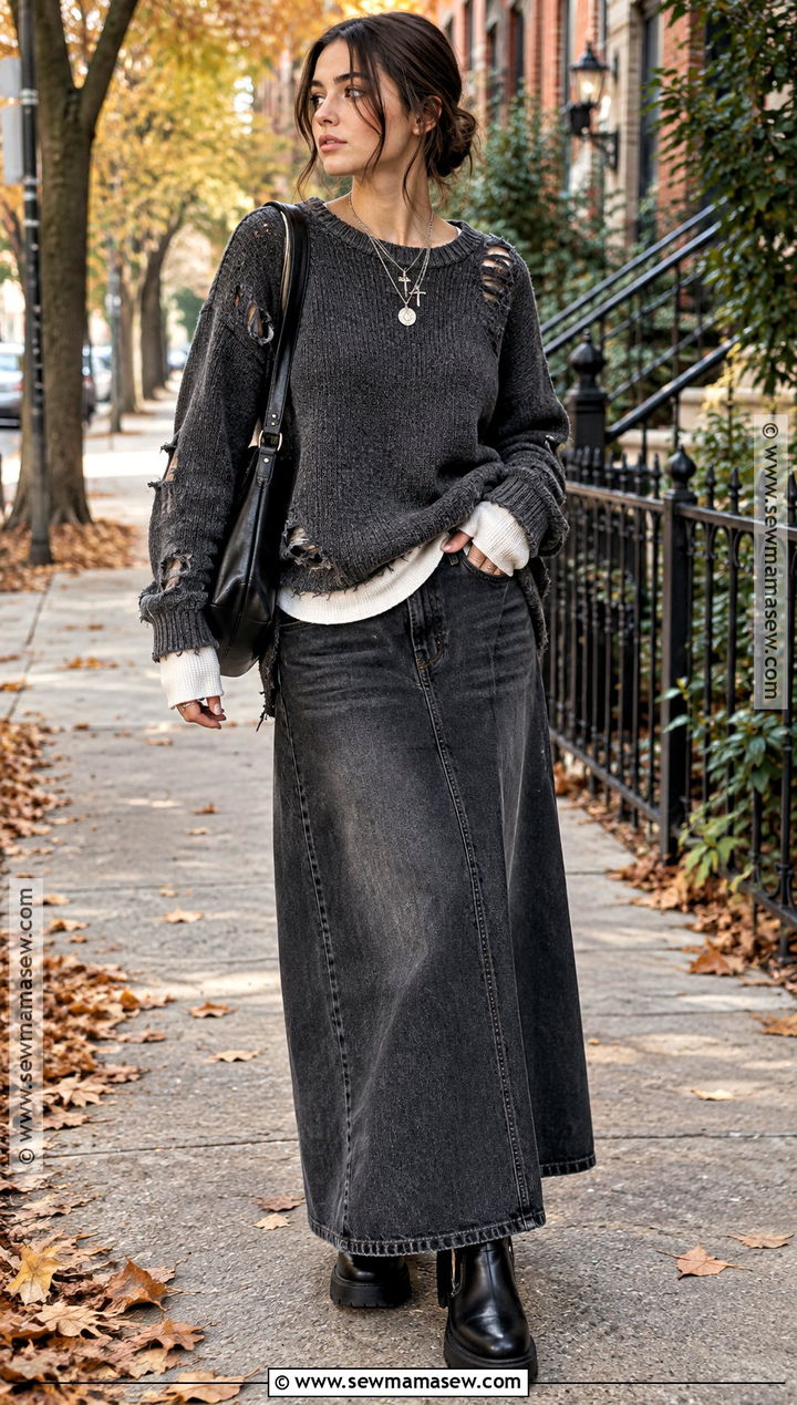 Maxi Skirt And Distressed Sweater Grunge Outfit - 25 fall outfits grunge