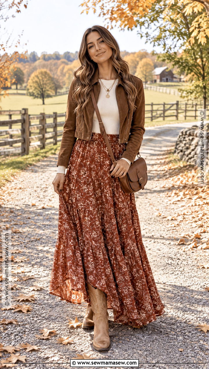 Maxi Skirt and Cowboy Boots - 20 fall outfits with cowboy boots