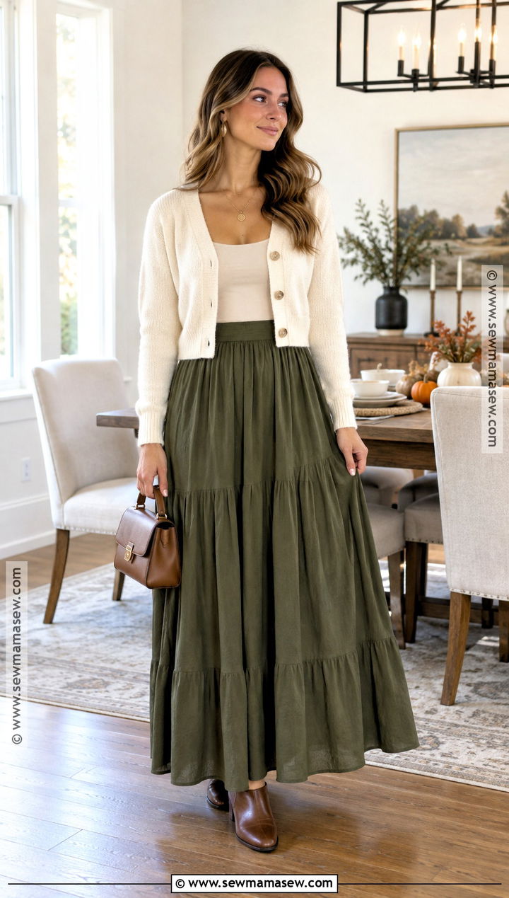 Maxi Skirt and Cropped Cardigan Thanksgiving Outfit - 20 outfits for thanksgiving for women