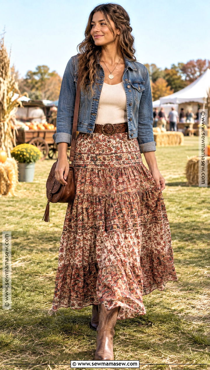 Maxi Skirt and Cropped Denim Jacket Country Festival Outfit - 20 country festival outfit fall ideas