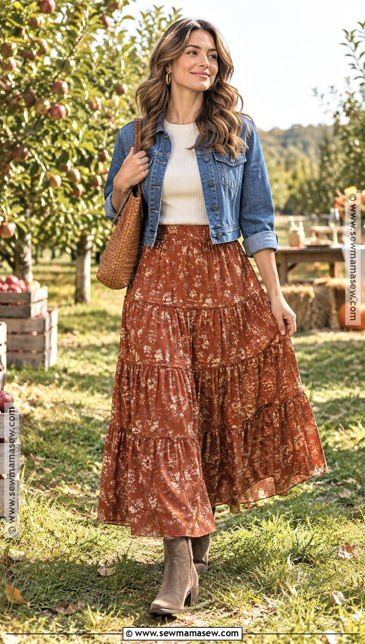 Maxi Skirt and Denim Jacket Fall Harvest Party Outfit - 15 Fall Harvest Party Attire Ideas