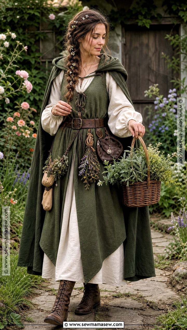 Medieval Herbalist Costume With Green Cloak - 30 Medieval Costume Ideas for Women