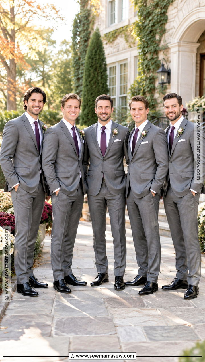 Medium Gray Groomsmen Suit With Plum Tie - 15 groomsmen attire fall wedding color combos