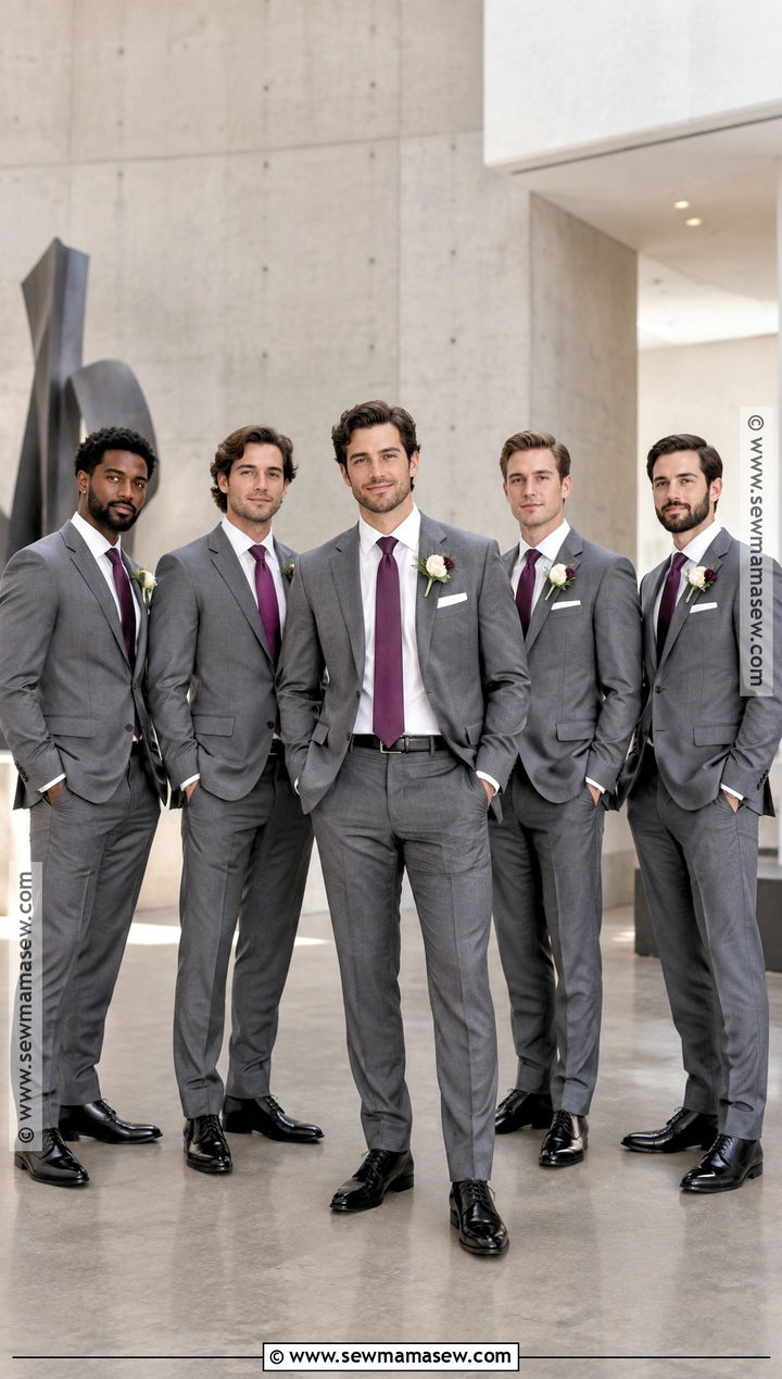 Medium Gray Suit With Plum Tie Groomsmen Attire - 15 groomsmen attire fall color combos