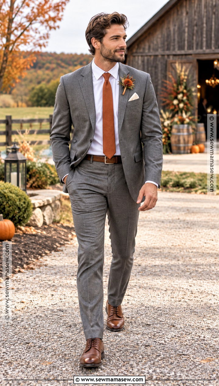 Medium Grey Groom Suit With Burnt Orange Accessories - 15 fall wedding groom attire grey ideas