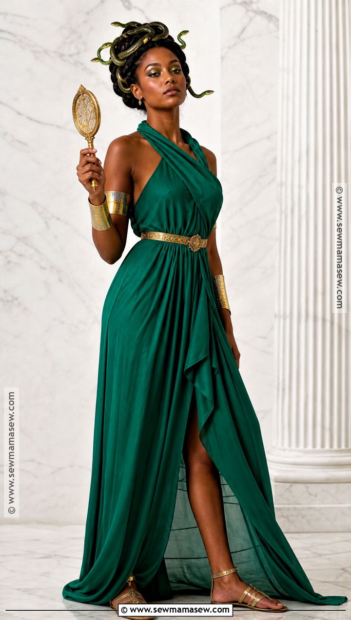 Medusa Costume With Green Draped Dress - 30 Single Person Halloween Costume Ideas