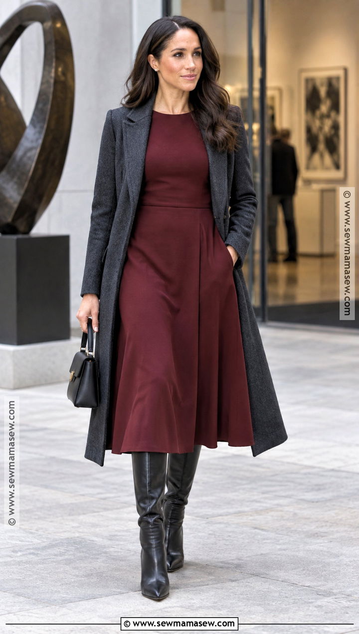 Meghan Markle Burgundy Midi Dress Outfit - 15 meghan markle fall style ideas