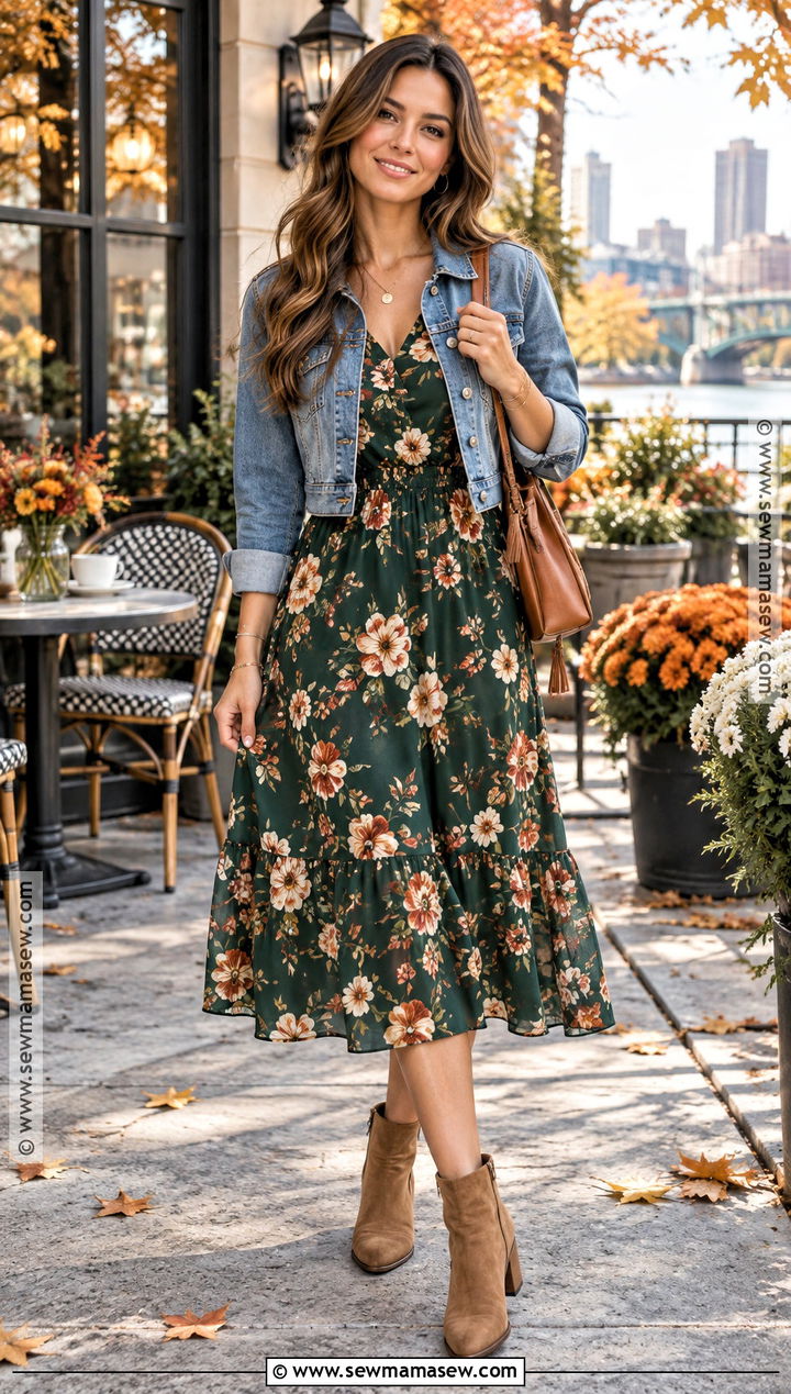 Memphis Fall Floral Midi Dress And Ankle Boots Outfit - 15 Memphis Outfits Fall
