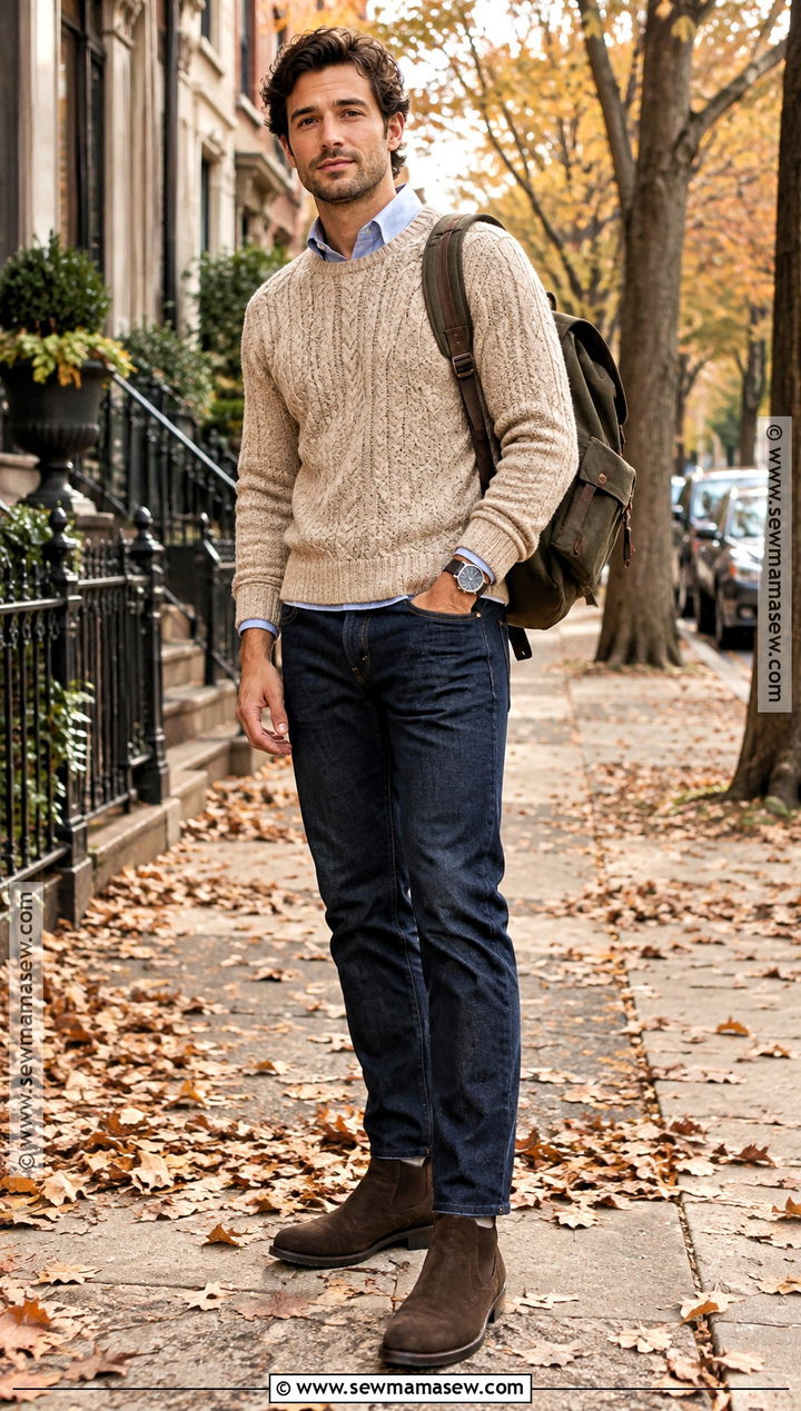 Mens Autumn Cable Knit Sweater And Jeans Outfit - 15 autumn outfits for men 2026