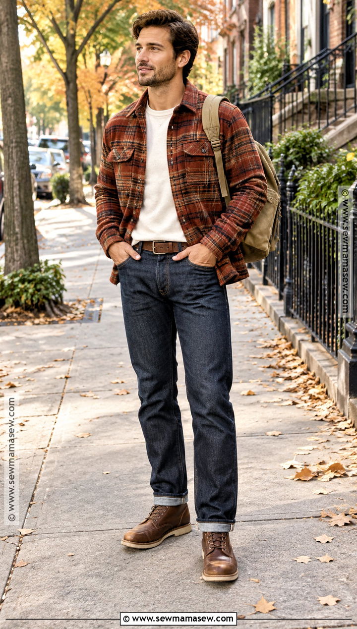 Mens Autumn Flannel Overshirt Outfit - 15 Autumn Outfit Ideas Male