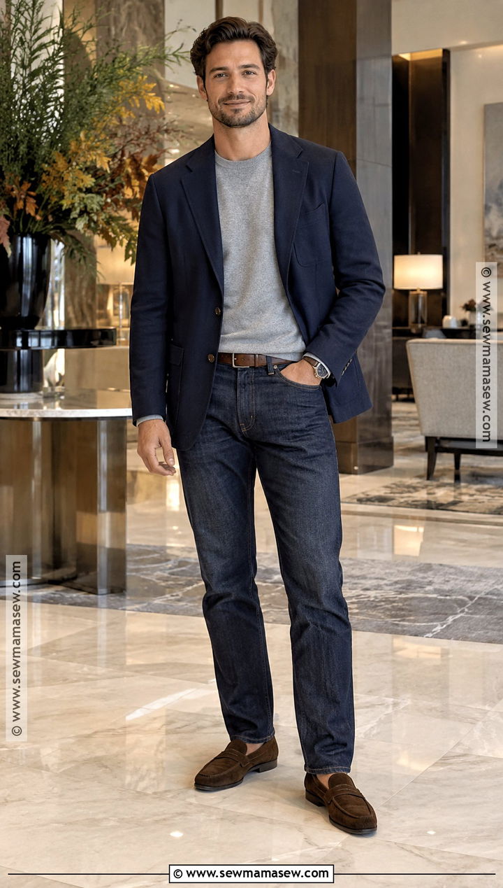 Mens Autumn Outfit With Blazer And Dark Jeans - 25 mens autumn outfits
