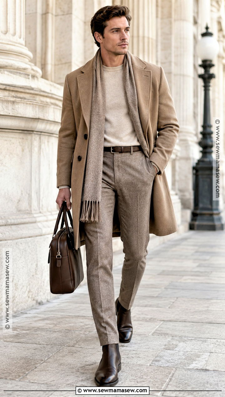 Mens Autumn Outfit With Camel Coat And Tonal Layers - 25 mens autumn outfits
