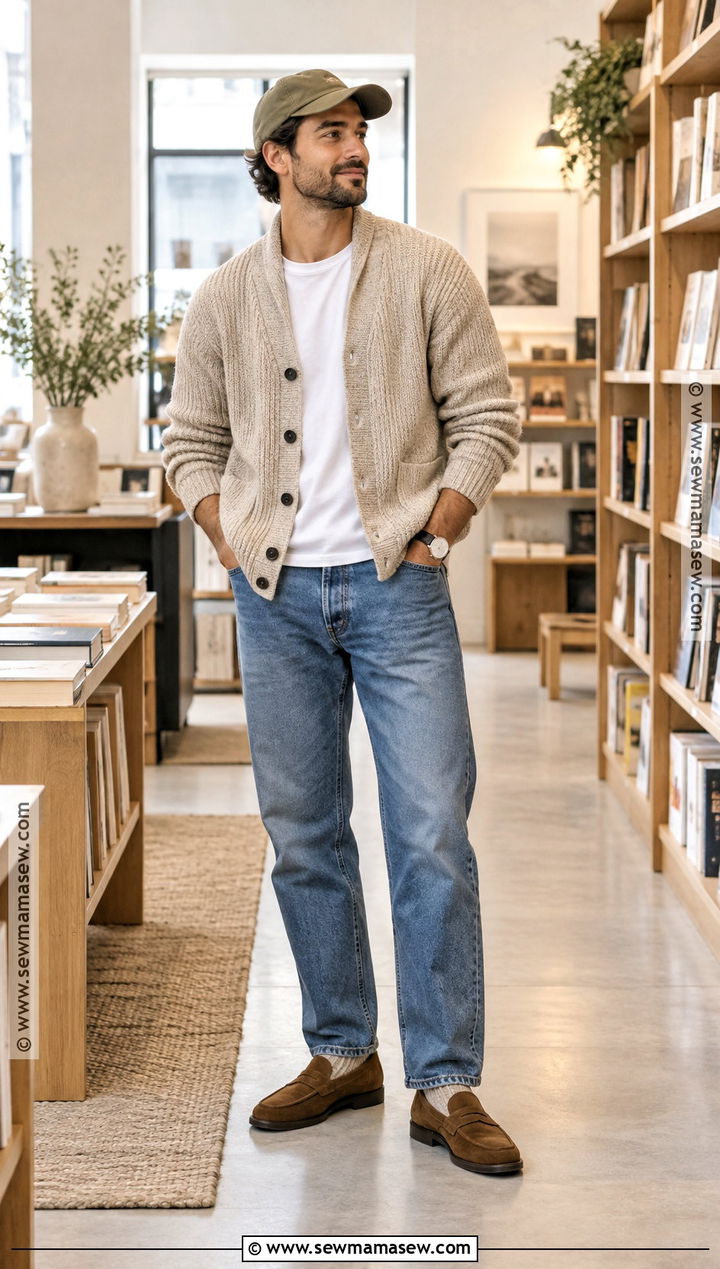 Mens Autumn Outfit With Cardigan And Relaxed Jeans - 25 mens autumn outfits