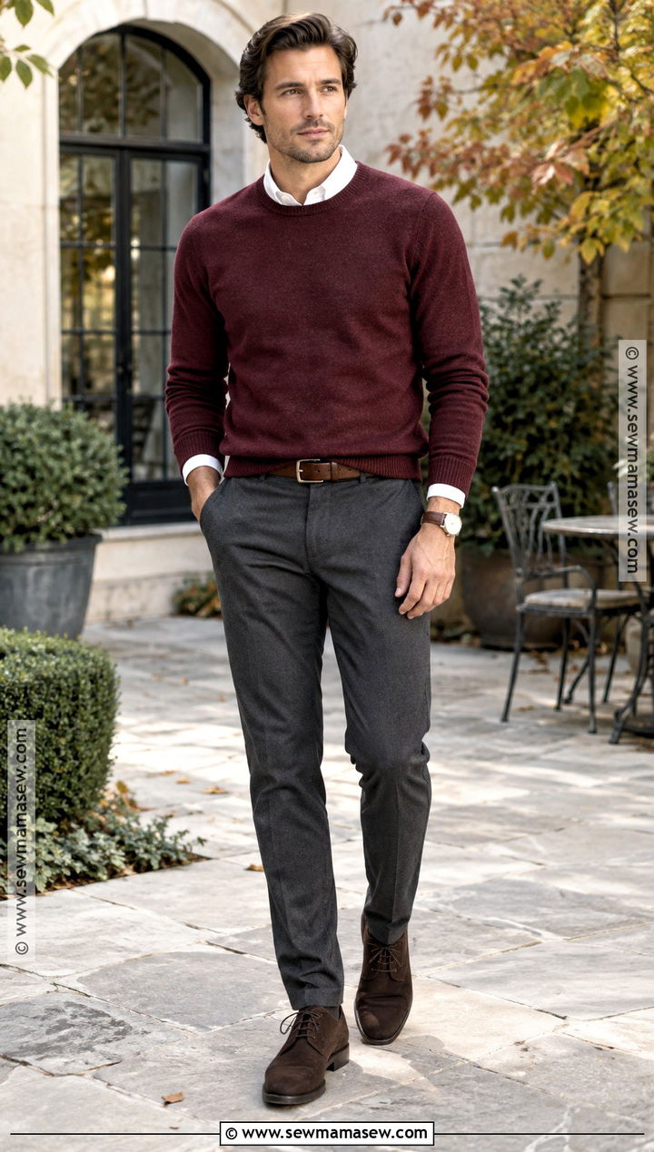 Mens Autumn Outfit With Crewneck Sweater And Oxford Shirt - 25 mens autumn outfits
