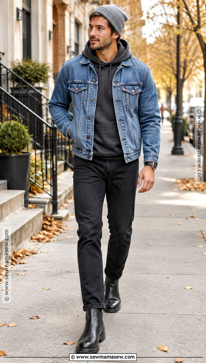 Mens Autumn Outfit With Denim Jacket And Black Jeans - 25 mens autumn outfits