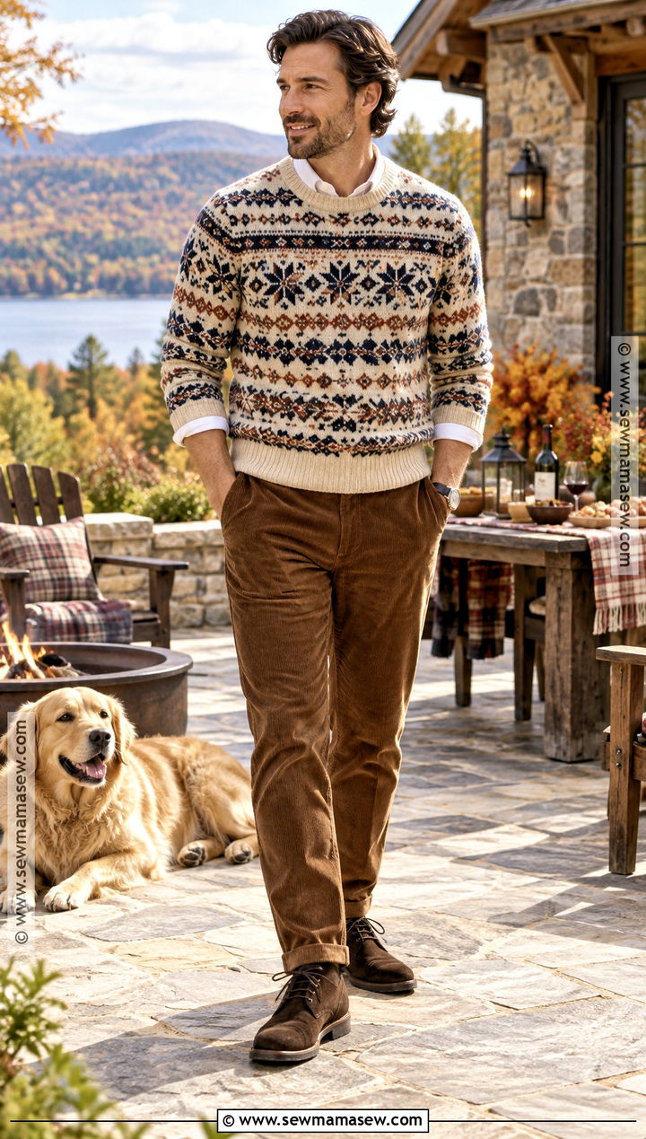 Mens Autumn Outfit With Fair Isle Sweater And Corduroy Trousers - 25 mens autumn outfits