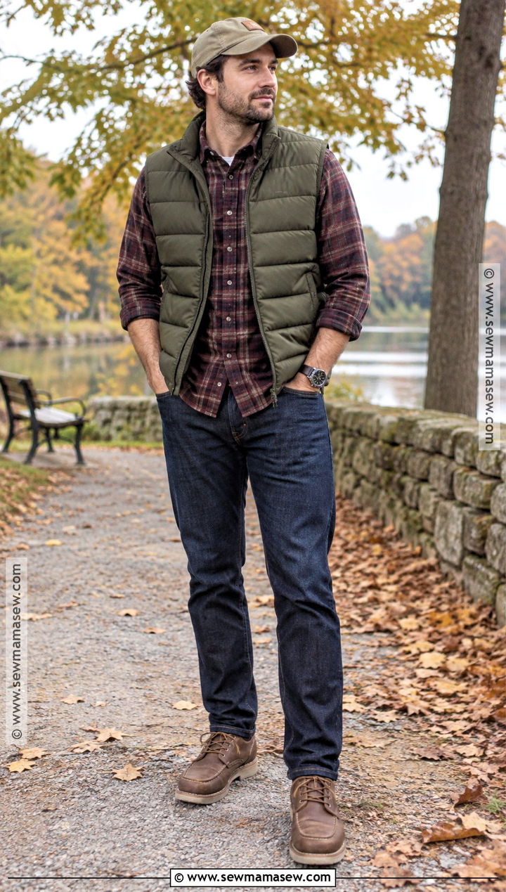 Mens Autumn Outfit With Puffer Vest And Flannel Shirt - 25 mens autumn outfits
