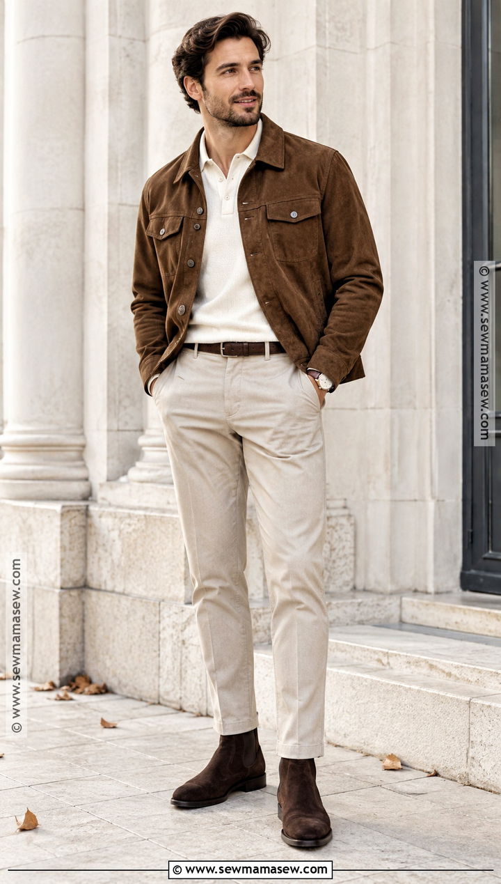 Mens Autumn Outfit With Suede Jacket And Neutral Trousers - 25 mens autumn outfits