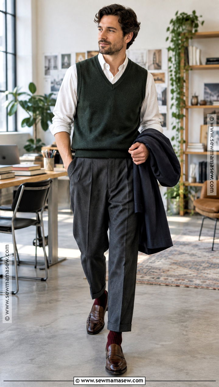 Mens Autumn Outfit With Sweater Vest And Pleated Trousers - 25 mens autumn outfits