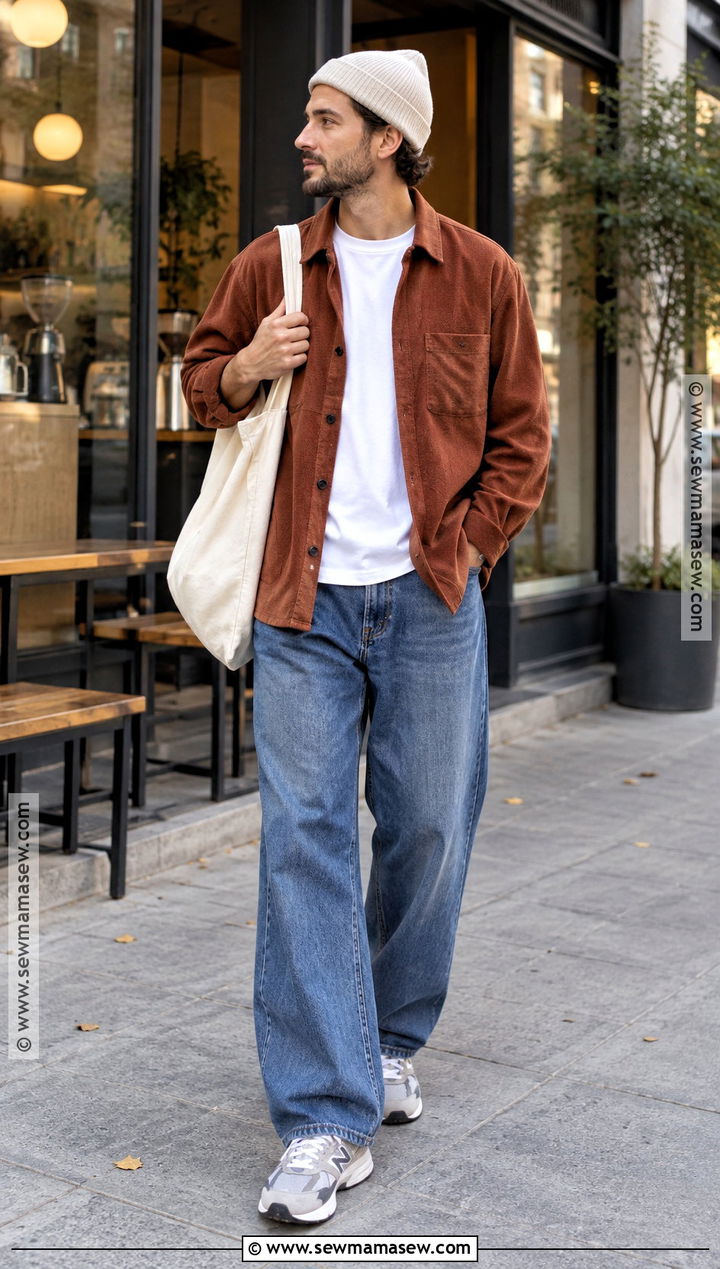 Mens Autumn Overshirt And Wide Leg Jeans Outfit - 20 Autumn Outfits Men Street Styles
