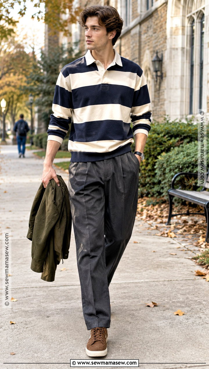 Mens Autumn Rugby Shirt And Pleated Trousers Outfit - 15 autumn outfits for men 2026