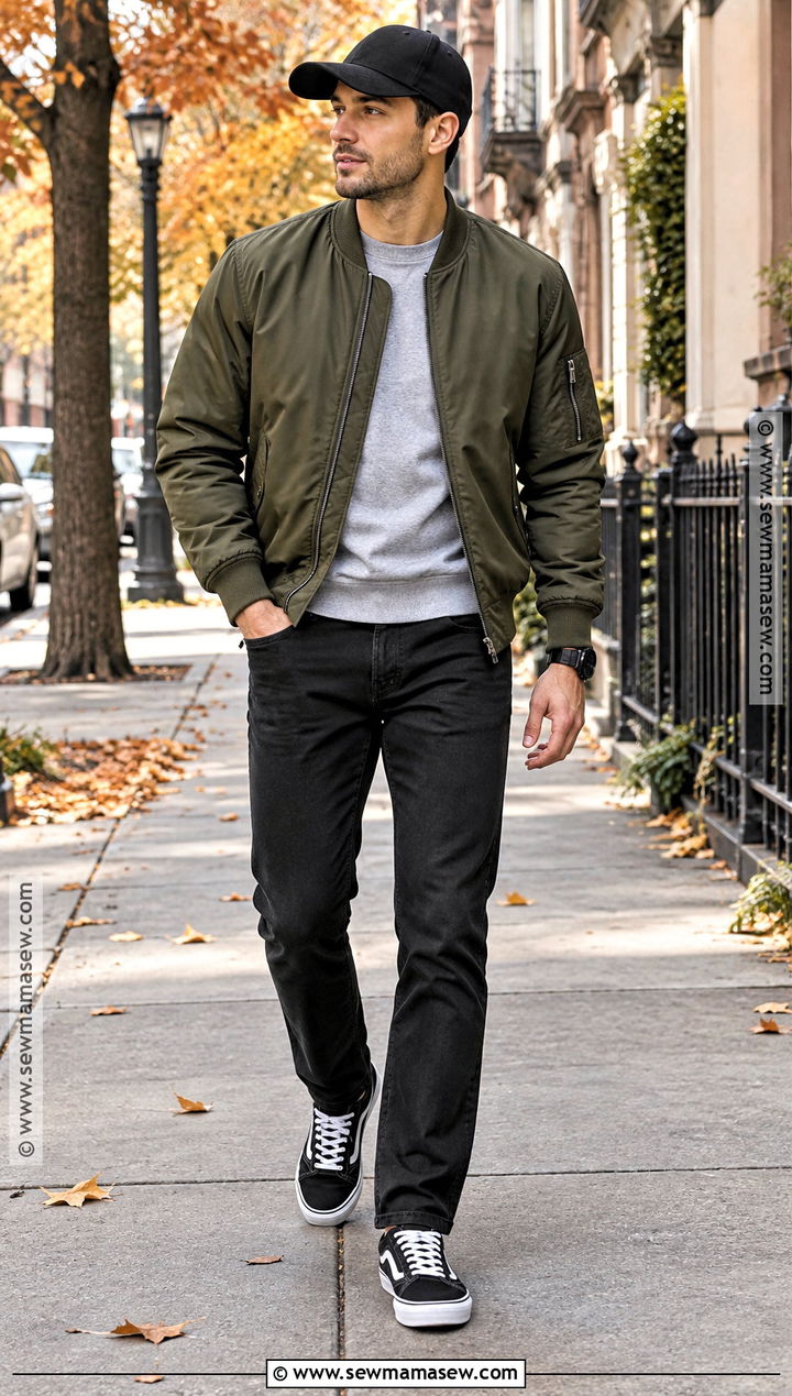 Mens Bomber Jacket And Black Jeans Fall Outfit - 25 casual fall outfits for men