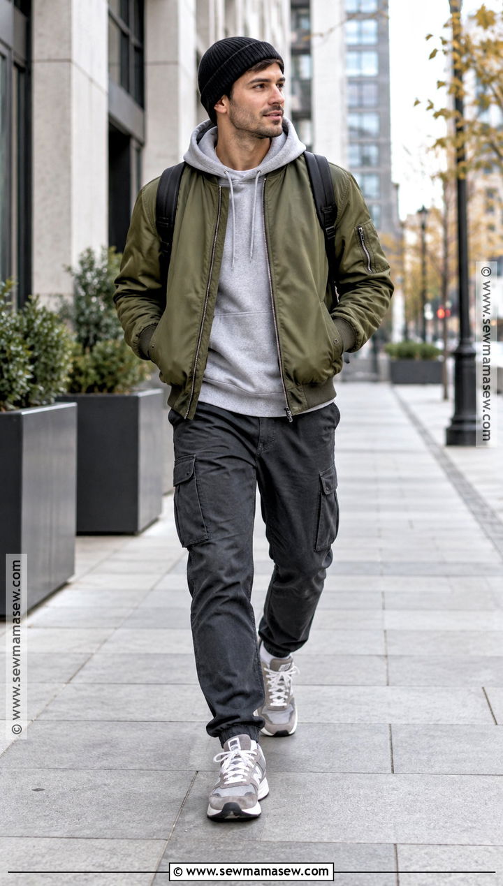 Mens Bomber Jacket And Cargo Pants Fall Outfit - 15 fall male outfits casual