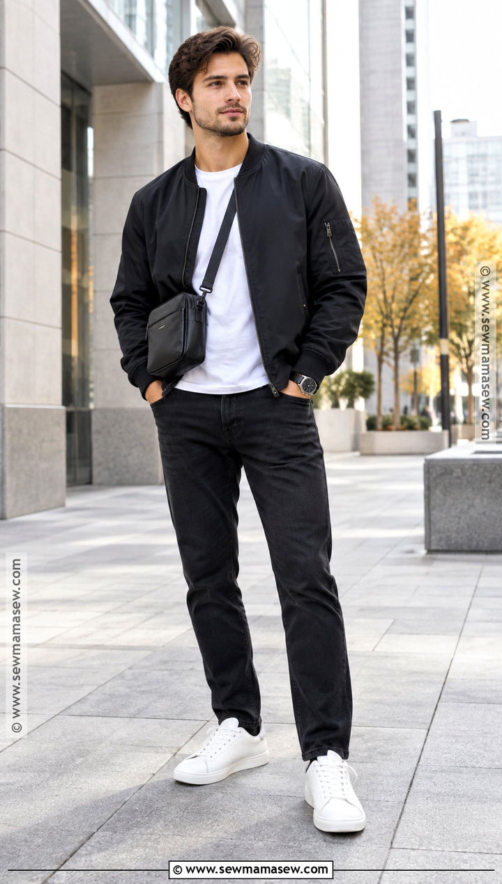 Mens Bomber Jacket With T Shirt And Black Jeans - 15 men fall fashion casual ideas