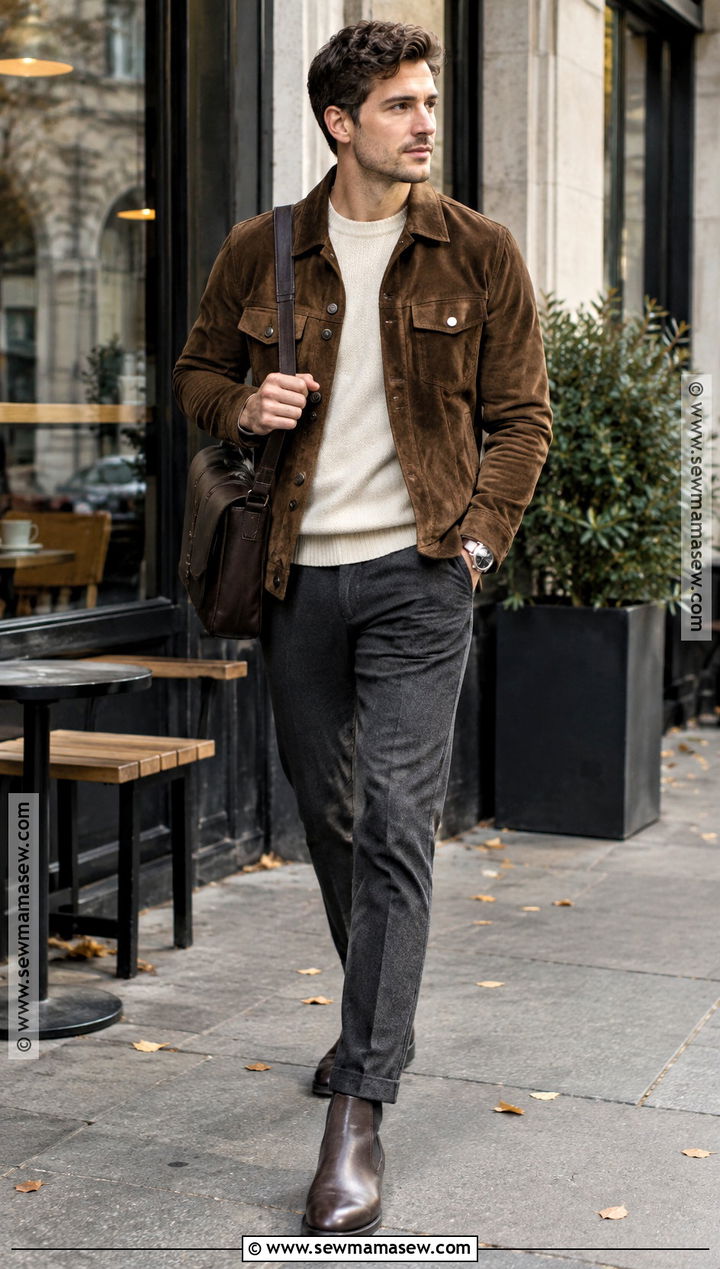 Mens Brown Suede Jacket and Cream Sweater Fall Outfit - 25 male fall outfits