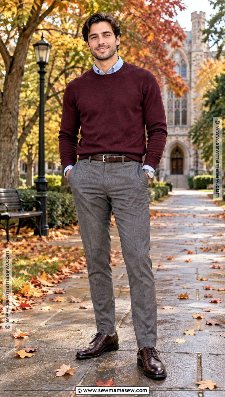 Mens Burgundy Sweater and Gray Trousers Outfit - 15 Fall Engagement Outfits for Men