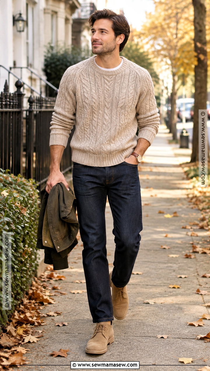 Mens Cable Knit Sweater And Jeans Fall Outfit - 15 fall male outfits casual