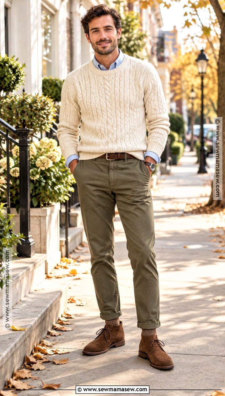 Mens Cable Knit Sweater and Chinos Fall Outfit - 20 men fall fits