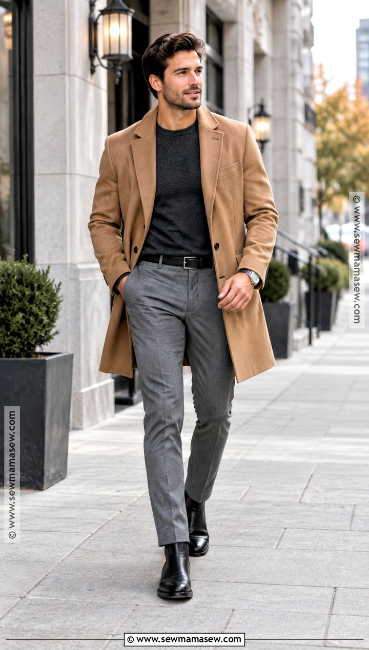 Mens Camel Coat and Dress Pants Outfit - 15 Fall Engagement Outfits for Men
