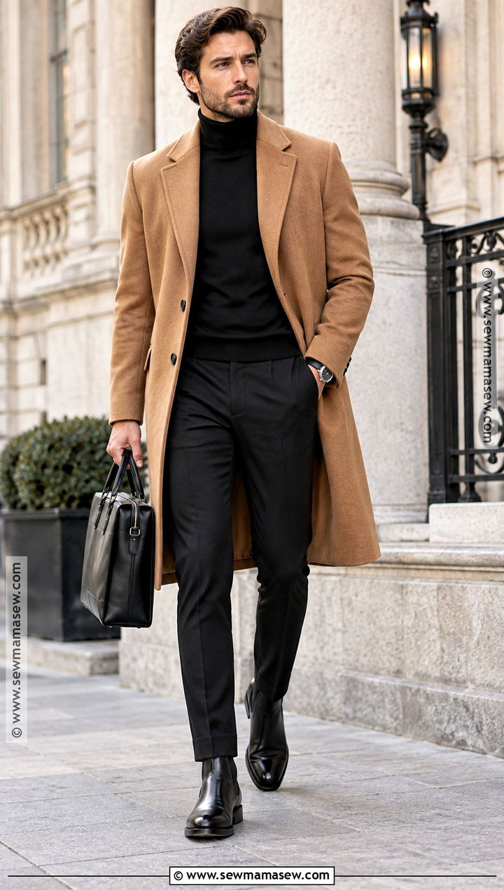 Mens Camel Overcoat and Turtleneck Fall Outfit - 25 fall outfits men autumn