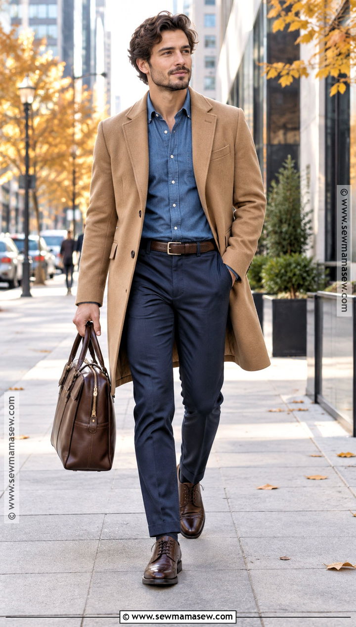 Mens Camel Topcoat and Navy Chinos Fall Outfit - 25 male fall outfits