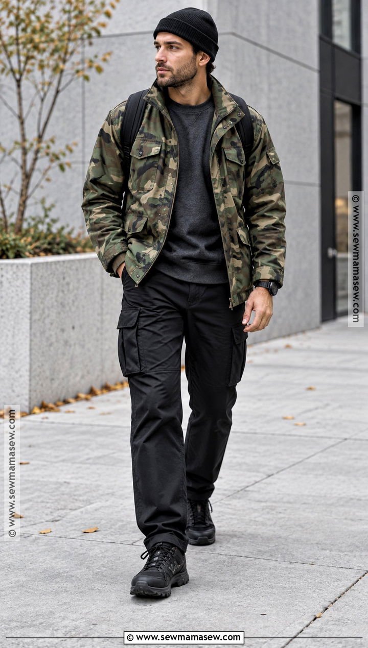 Mens Camouflage Jacket and Black Trousers Outfit - 15 Fall Outfits 2026 Trends for Men