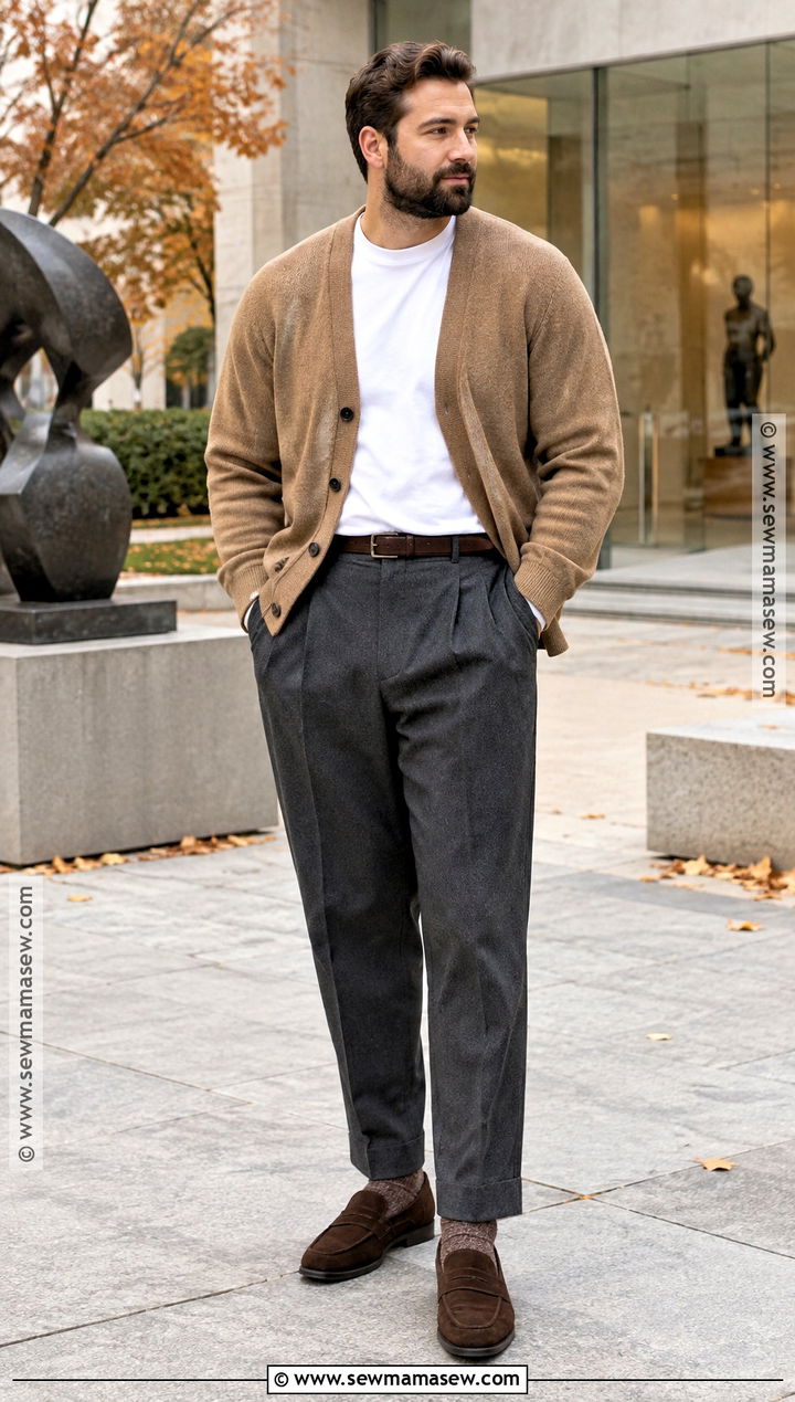 Mens Cardigan And Casual Trousers Fall Outfit - 15 Men's Casual Style Fall Ideas