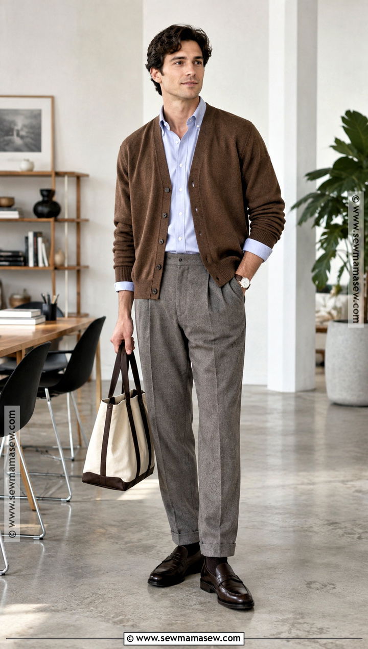 Mens Cardigan And Relaxed Trousers Fall Outfit - 15 fall male outfits casual