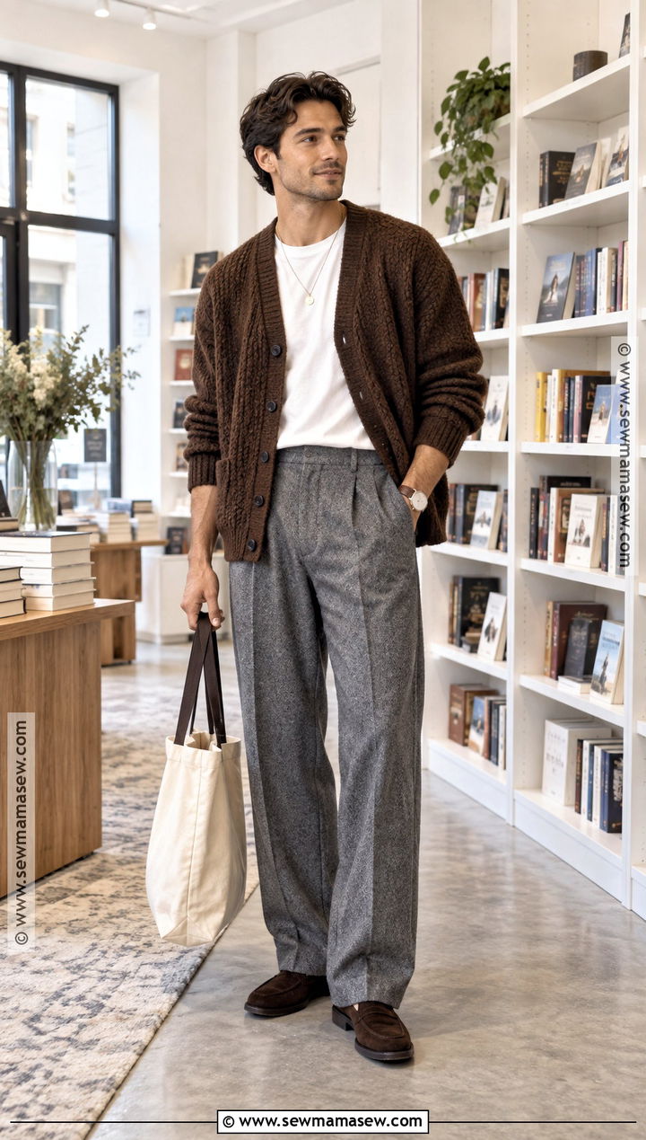 Mens Cardigan And Wide Leg Pants Fall Outfit - 15 Fall Aesthetic Mens Outfits